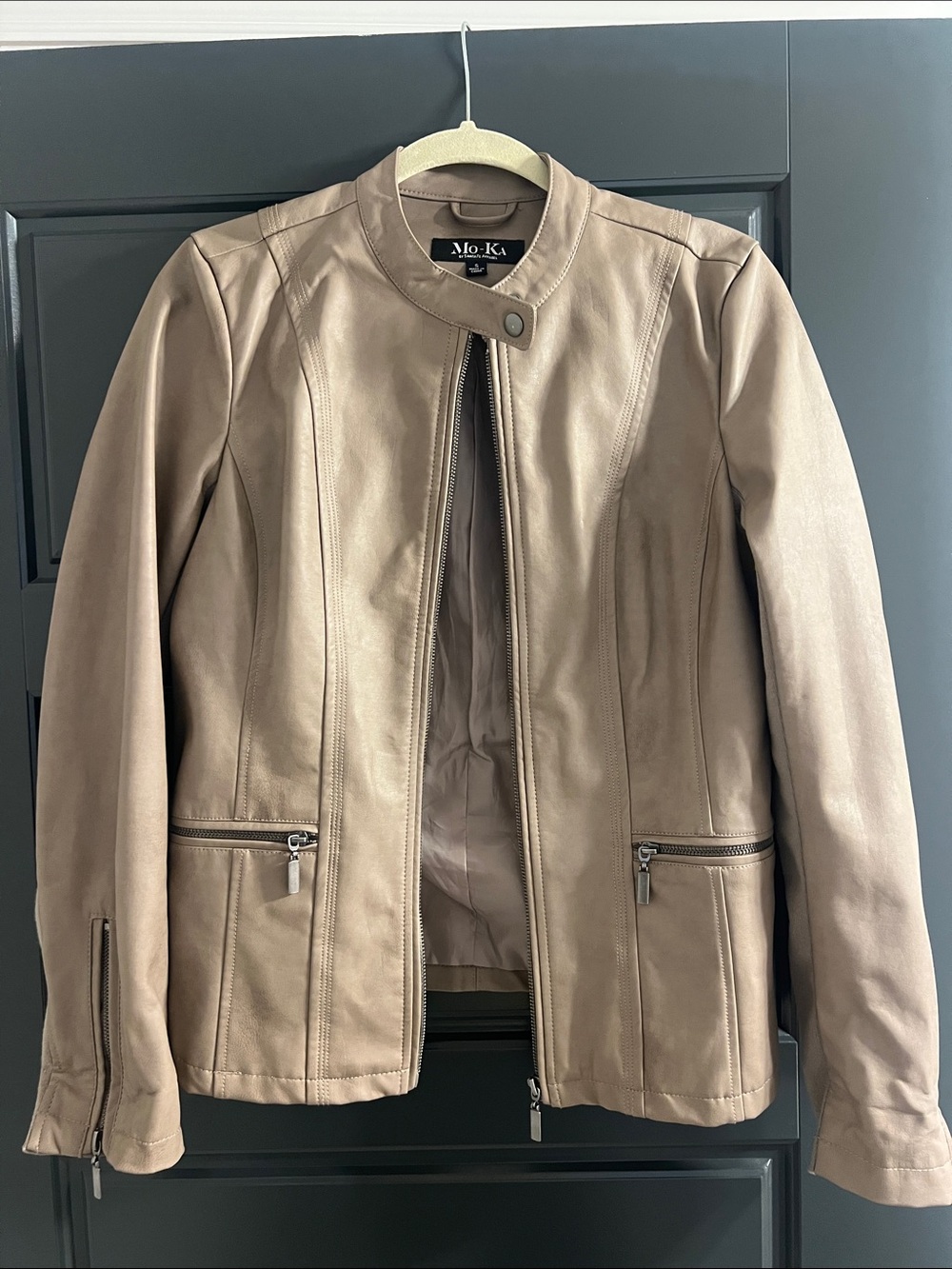 Mo-Ka Women's Taupe Faux Leather Moto Jacket with Snap Collar